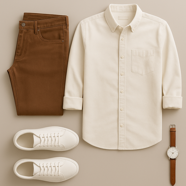 Beige shirt, brown pants, white sneakers, and a watch on a beige background