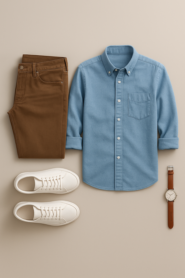 Blue button-up shirt, brown pants, white sneakers, and a watch on a beige background