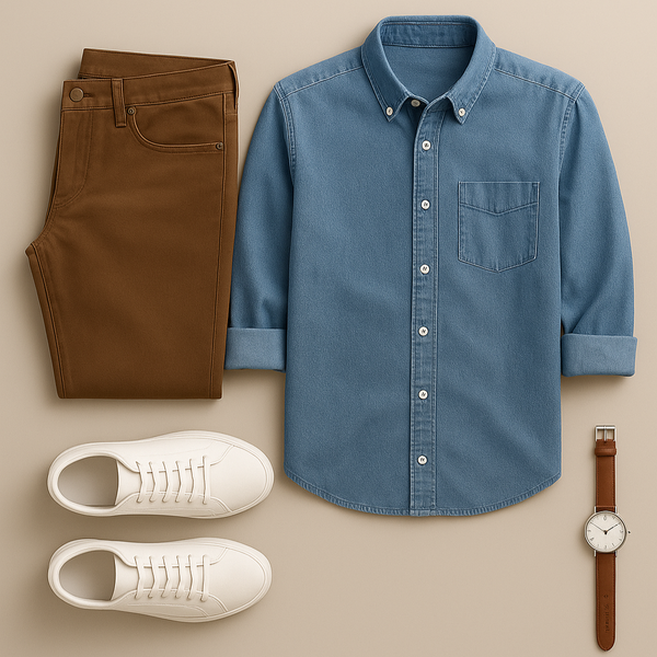Blue shirt, brown pants, white sneakers, and a watch arranged on a beige background