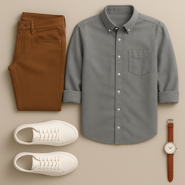 Gray button-up shirt, brown pants, white sneakers, and a watch on a beige background