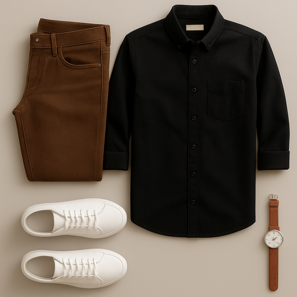 Black shirt, brown pants, white sneakers, and a watch on a beige background