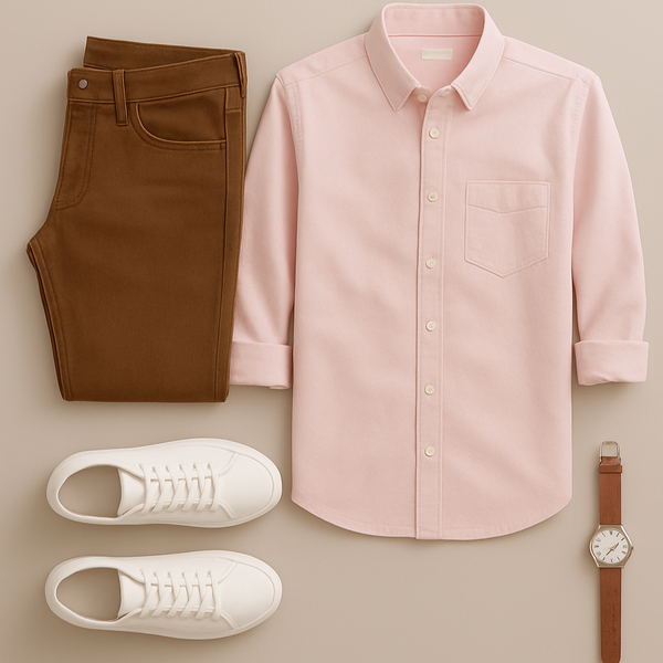 Pink shirt, brown pants, white sneakers, and a watch on a beige background